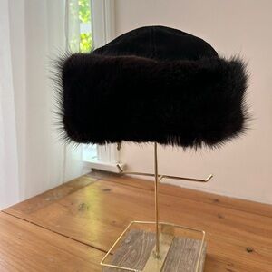 Fourrures Audet Genuine Black mink Fur Hat Bonnet Suede Leather Black